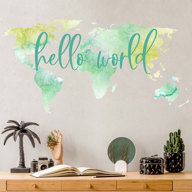 Wallstickers verdenskort Watercolor world map turquoise with desired text