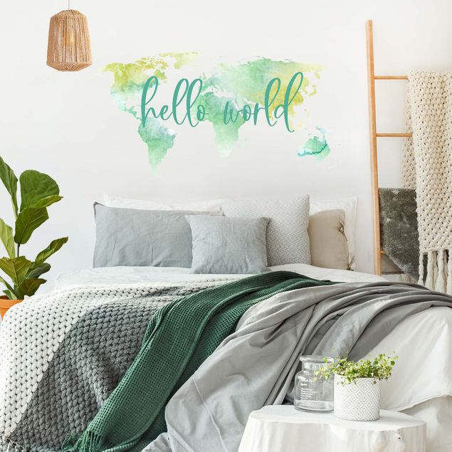 Wallstickers med egen tekst Watercolor world map turquoise with desired text