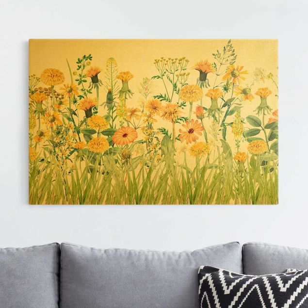 Billeder på lærred lions Watercolour Flower Meadow In Yellow