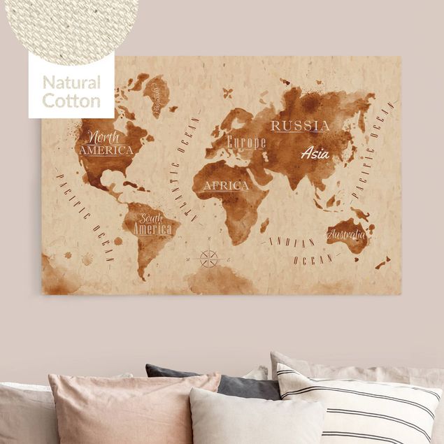 Billeder på lærred verdenskort Watercolour Look World Map Beige Brown
