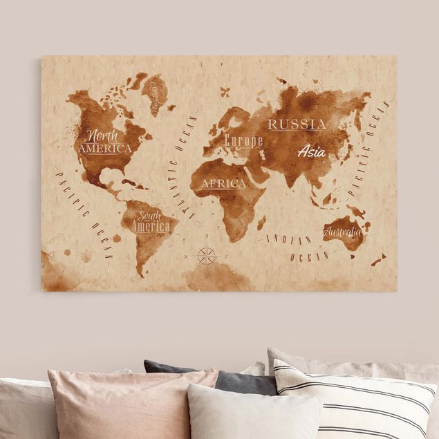 Billeder verdenskort Watercolour Look World Map Beige Brown