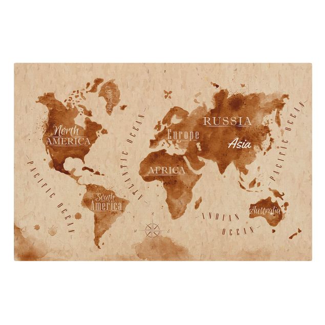 Billeder Watercolour Look World Map Beige Brown