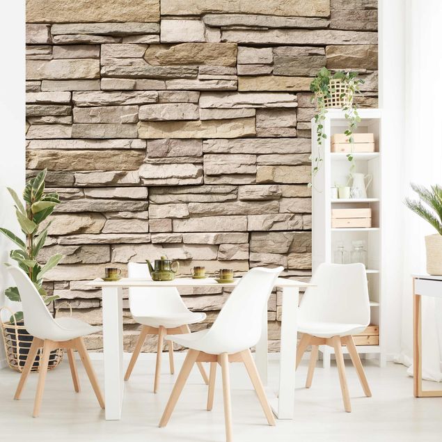 Fototapet stenbrud Asian Stonewall - Stone Wall From Large Light Coloured Stones