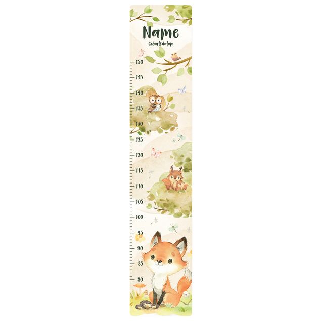 Wallstickers målestave Watercolour fox with custom name