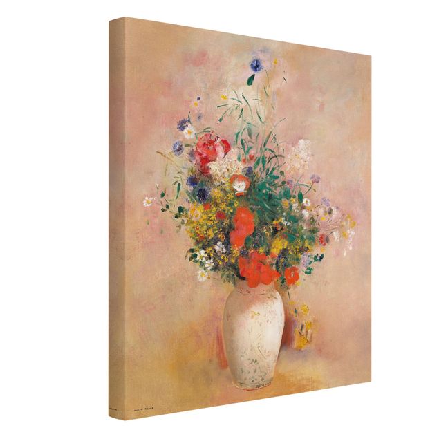 Billeder på lærred blomster Odilon Redon - Vase With Flowers (Rose-Colored Background)