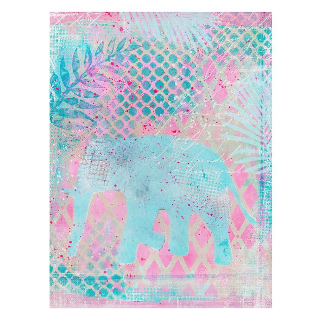 Billeder på lærred blomster Colourful Collage - Elephant In Blue And Pink