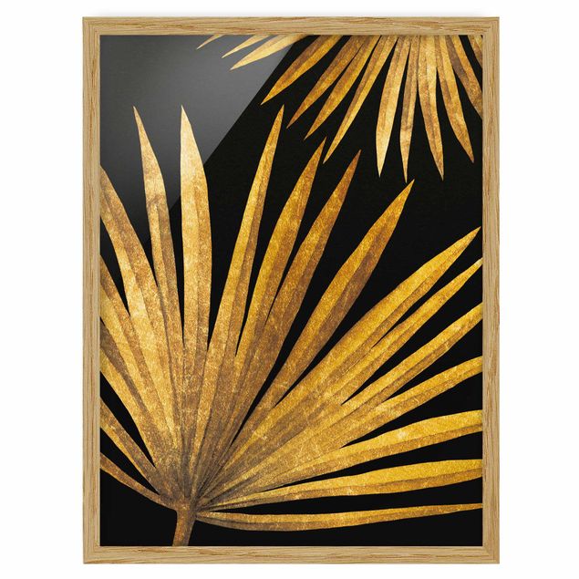 Billeder blomster Gold - Palm Leaf On Black