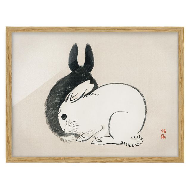 Indrammede plakater dyr Asian Vintage Drawing Two Bunnies