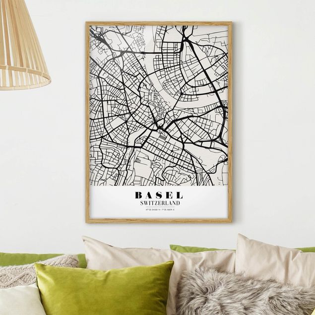Indrammede plakater sort og hvid Basel City Map - Classic