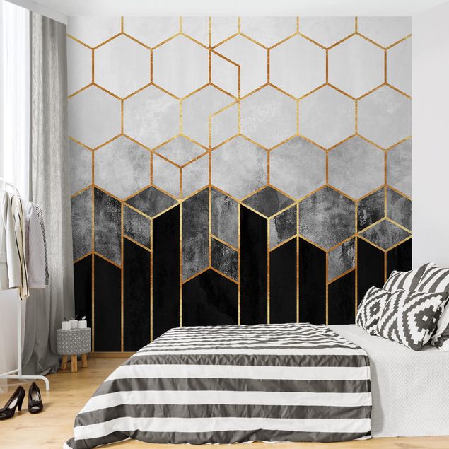 Tapet med mønster Golden Hexagons Black And White