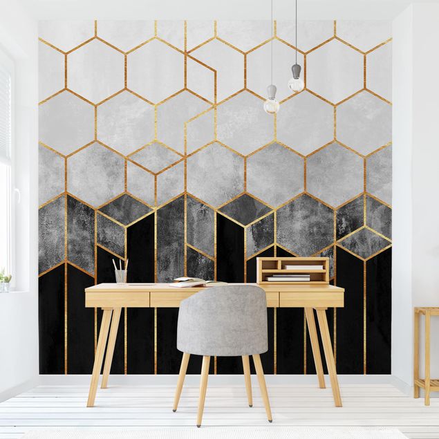 Tapet geometrisk Golden Hexagons Black And White