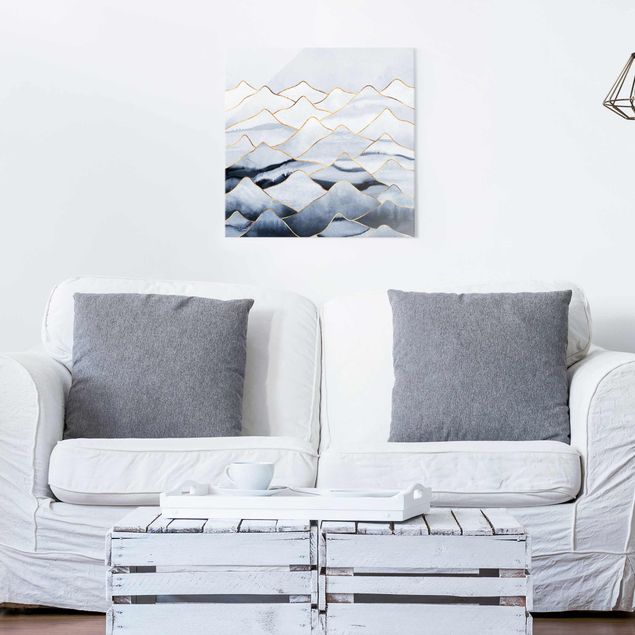 Glasbilleder bjerge Watercolour Mountains White Gold