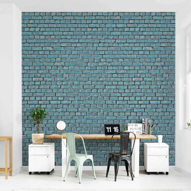 Mønstret tapeter Brick Tile Wallpaper Turquoise Blue