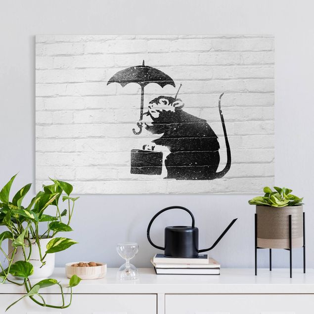Billeder på lærred sort og hvid Banksy - Rat With Umbrella