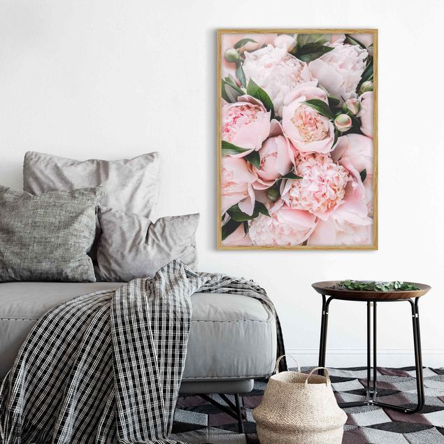 Indrammede plakater blomster Pink Peonies With Leaves
