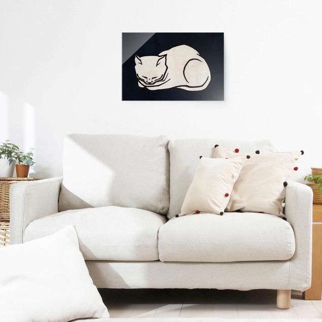 Glasbilleder sort og hvid Sleeping Cat Illustration