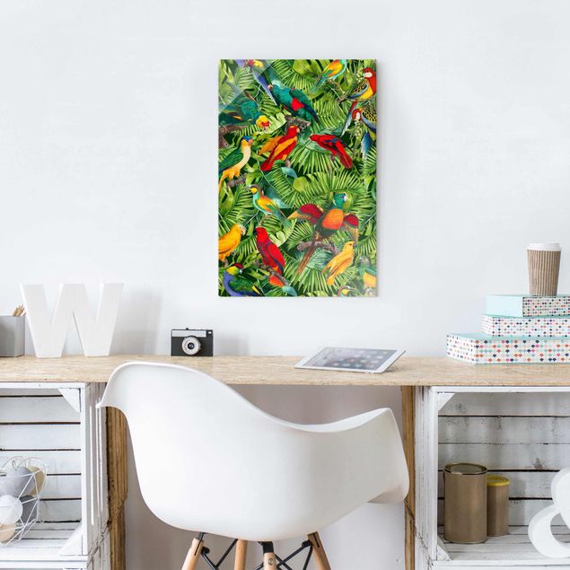 Glasbilleder blomster Colourful Collage - Parrots In The Jungle