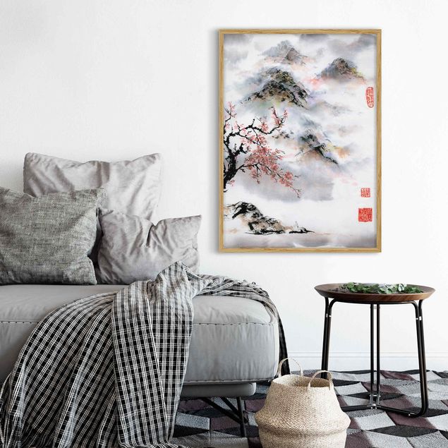 Billeder bjerge Japanese Watercolour Drawing Cherry Tree And Mountains