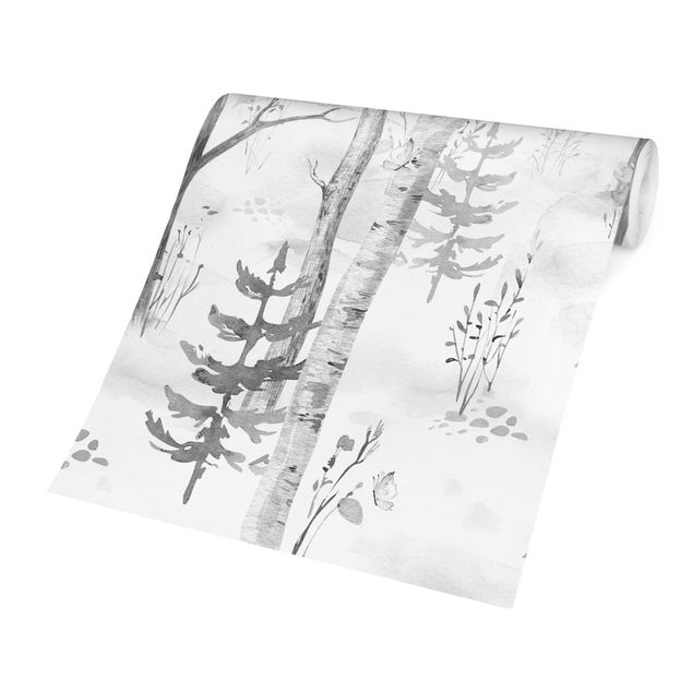 Moderne tapet Birch forest with poppies black white