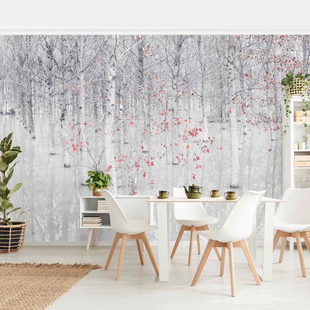 Moderne tapet Birch Tree Forest With Light Pink Leaves