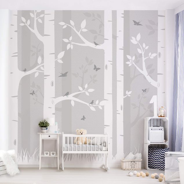 Moderne tapet Birch Forest With Butterflies And Birds