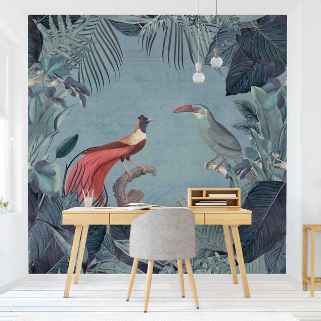 Fototapet blomster Blue Gray Paradise With Tropical Birds