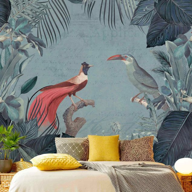 Moderne tapet Blue Gray Paradise With Tropical Birds