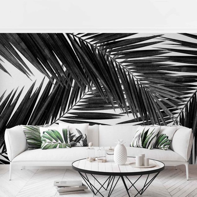 Tapet moderne View Over Palm Leaves Black And White