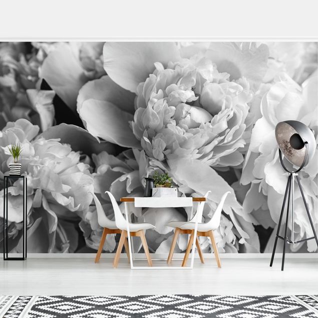 Tapet blomster Blossoming Peonies Black And White
