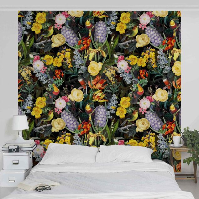 Tapet fugle Flowers With Colourful Tropical Birds