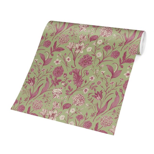 Lyserød tapet Flower Dance In Mint Green And Pink Pastel