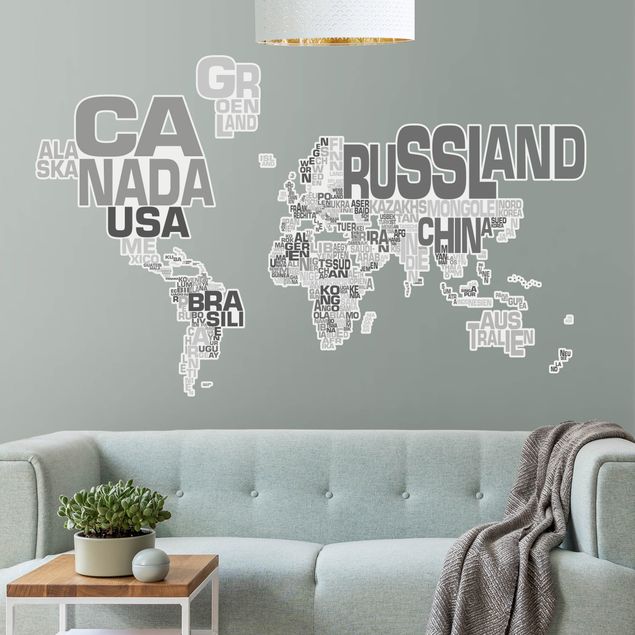 Wallstickers verdenskort Letters world map gray