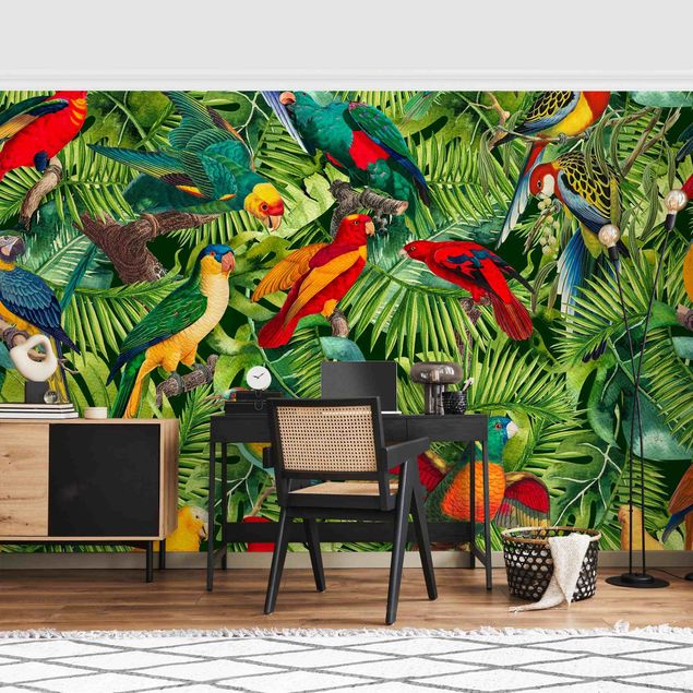 Moderne tapet Colourful Collage - Parrots In The Jungle