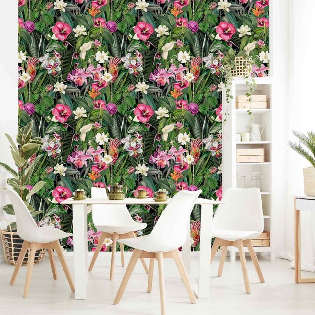 Moderne tapet Colourful Tropical Flowers Collage