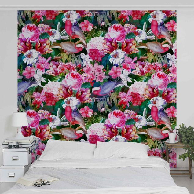 Fototapet roser Colourful Tropical Flowers With Birds Pink