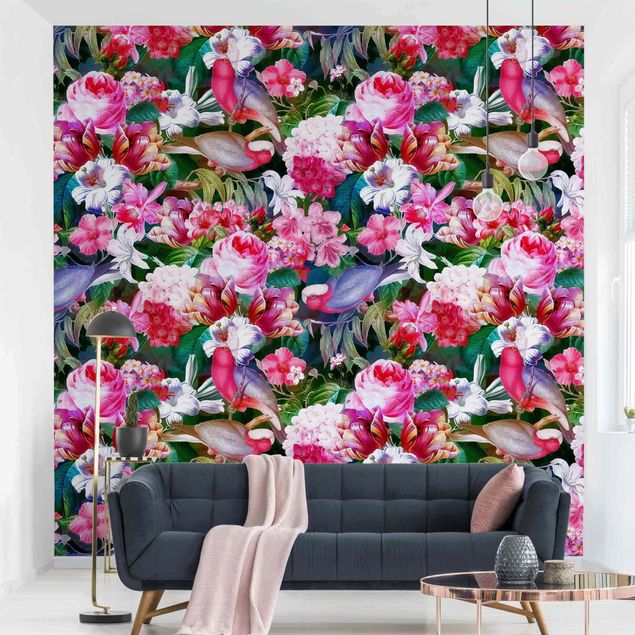 Tapet blomster Colourful Tropical Flowers With Birds Pink