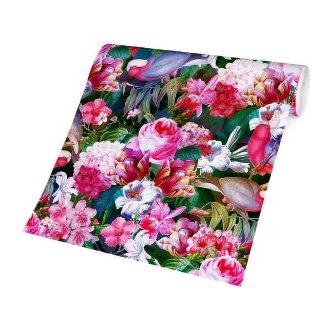 Tapet med mønster Colourful Tropical Flowers With Birds Pink