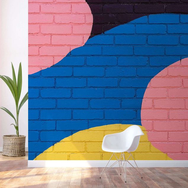 Moderne tapet Colourful Brick Wall In Blue And Pink