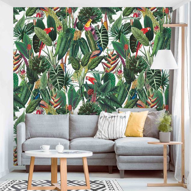 Tapet med fugle Colourful Tropical Rainforest Pattern