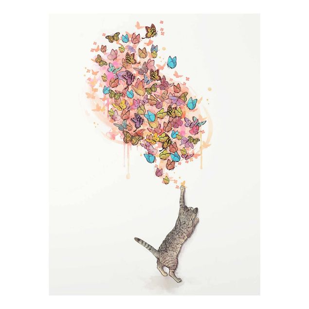 Glasbilleder dyr Illustration Cat With Colourful Butterflies Painting