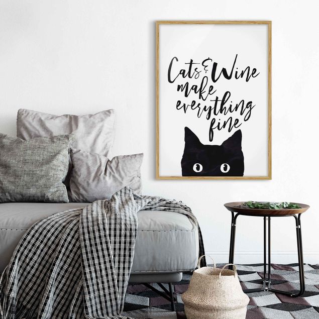 Indrammede plakater sort og hvid Cats And Wine make Everything Fine