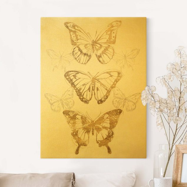 Billeder på lærred sommerfugle Butterfly Composition In Gold II