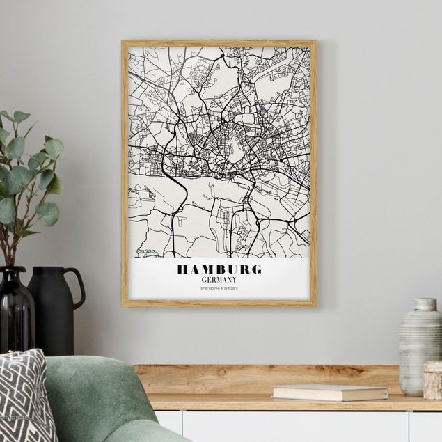 Indrammede plakater sort og hvid Hamburg City Map - Classic