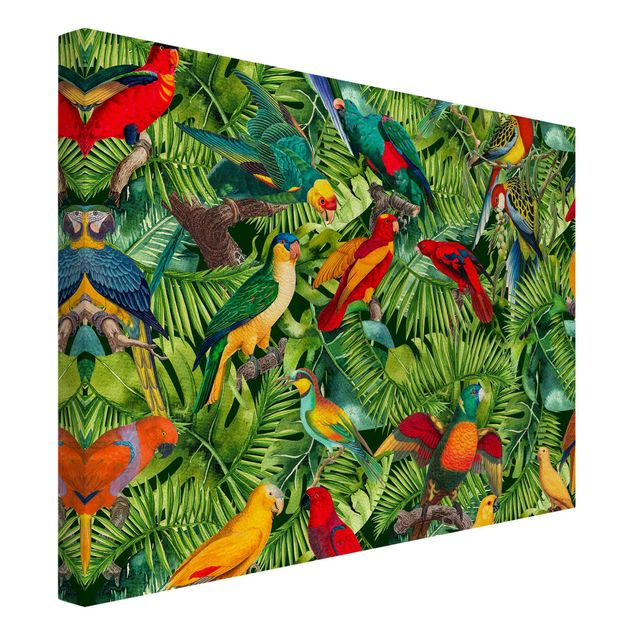 Billeder på lærred blomster Colourful Collage - Parrots In The Jungle