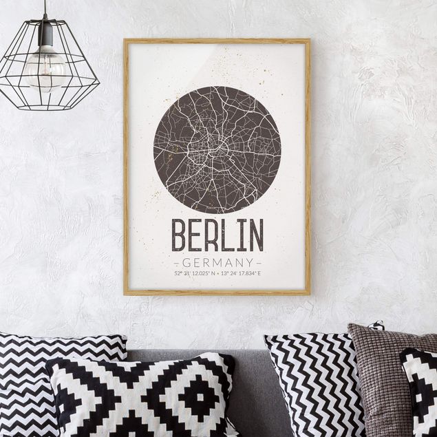 Indrammede plakater sort og hvid City Map Berlin - Retro
