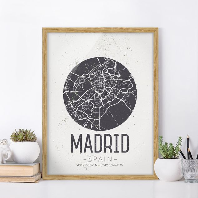 Indrammede plakater sort og hvid Madrid City Map - Retro