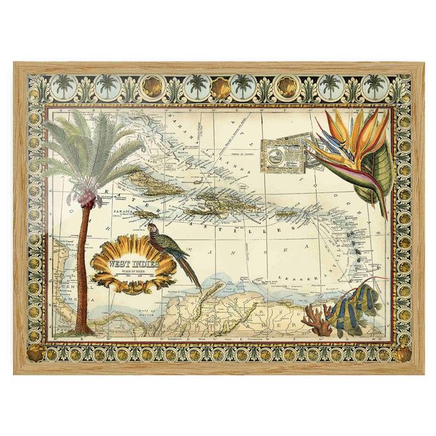 Indrammede plakater verdenskort Vintage Tropical Map West Indies