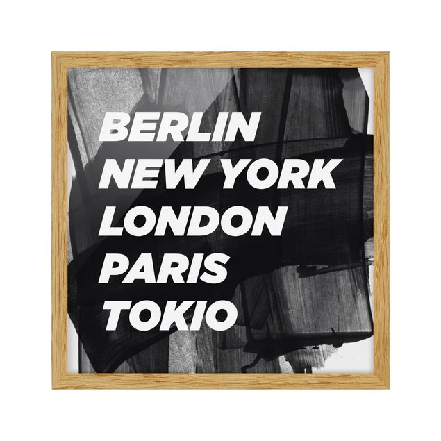Indrammede plakater sort og hvid Berlin New York London