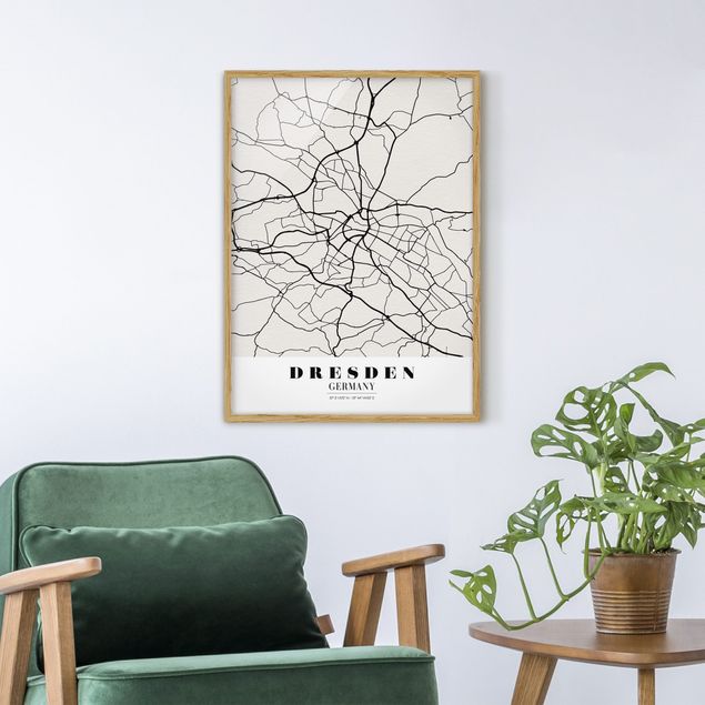 Indrammede plakater sort og hvid Dresden City Map - Classical
