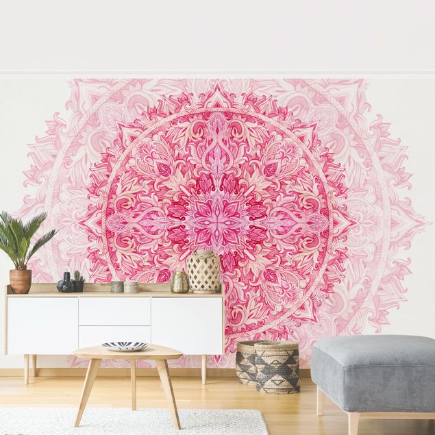 Tapet med mønster Mandala Watercolour Ornament Pink